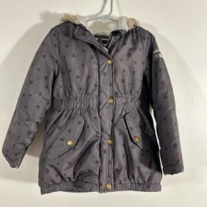 OshKosh B'gosh Parka Kids Size 6 Gray Heart Print Fleece Hooded Winter Coat